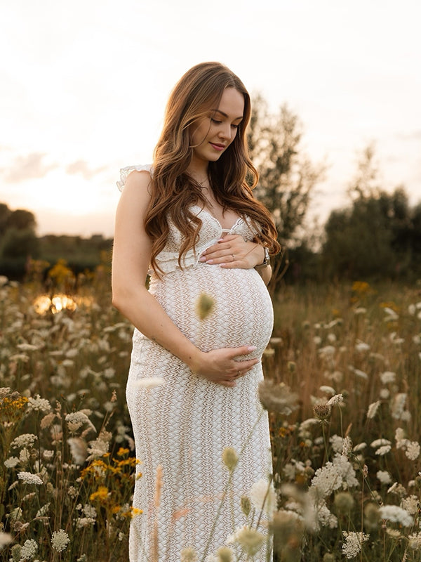 Mumsmode Zwangerchaps Maxi Fotoshoot Jurk Elegant Rugloos Breien V-hals Wit