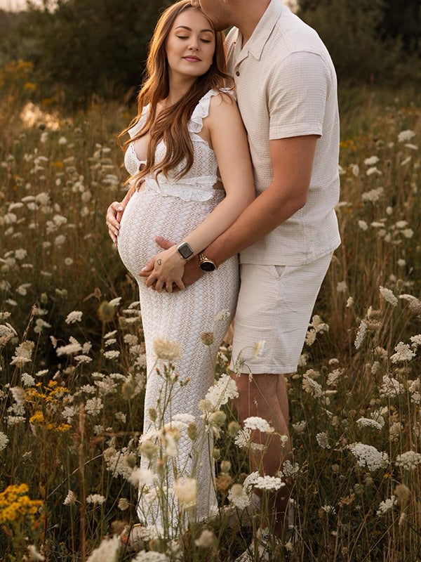 Mumsmode Zwangerchaps Maxi Fotoshoot Jurk Elegant Rugloos Breien V-hals Wit