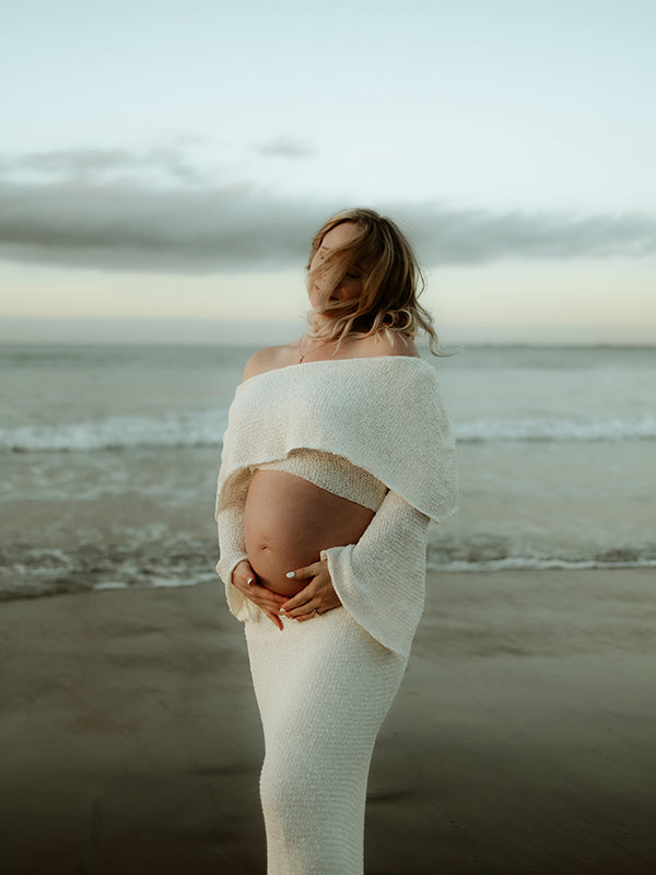 Mumsmode Zwangerchap Maxi Fotoshoot Jurk Boheems Vakantie 2-in-1 Gebreide Off Shoulder Bodycon