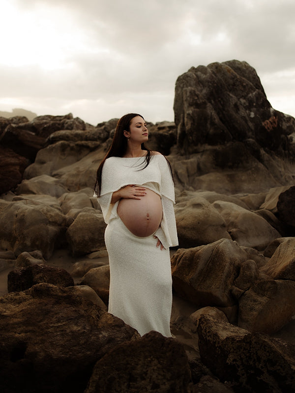 Mumsmode Zwangerchap Maxi Fotoshoot Jurk Boheems Vakantie 2-in-1 Gebreide Off Shoulder Bodycon