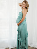 Mumsmode Zwangerchaps Maxi Fotoshoot Jurken Spaghetti Ruches Rugloos Pauw blauw