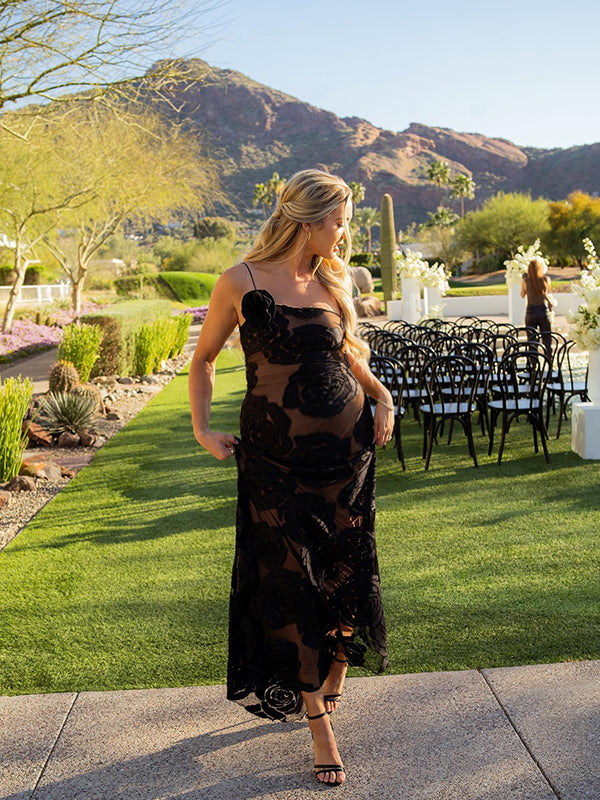 Mumsmode Zwangerchap Speciale Gelegenheden Jurken Elegant Ceremonie Appliques Bloemenprint Tule Een Open Schouder Maxi Jurken
