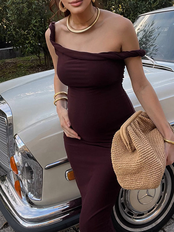 Mumsmode Zwangerchap Bodycon Jurken Elegant Ceremonie Cocktail Gekreukt Boot Nek Maxi Jurken