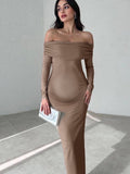 Mumsmode Zwangerchap Bodycon Jurken Elegant Ceremonie Gekreukt Off Shoulder Zijsplit Maxi Jurken