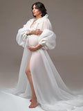 Mumsmode Zwangerchap Fotoshoot Jurken Elegant Ruches Tule Zijsplit Vloerlengte Maxi Jurken