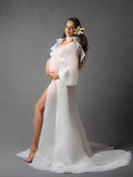 Mumsmode Zwangerchap Fotoshoot Jurken Elegant Ruches Tule Zijsplit Vloerlengte Maxi Jurken