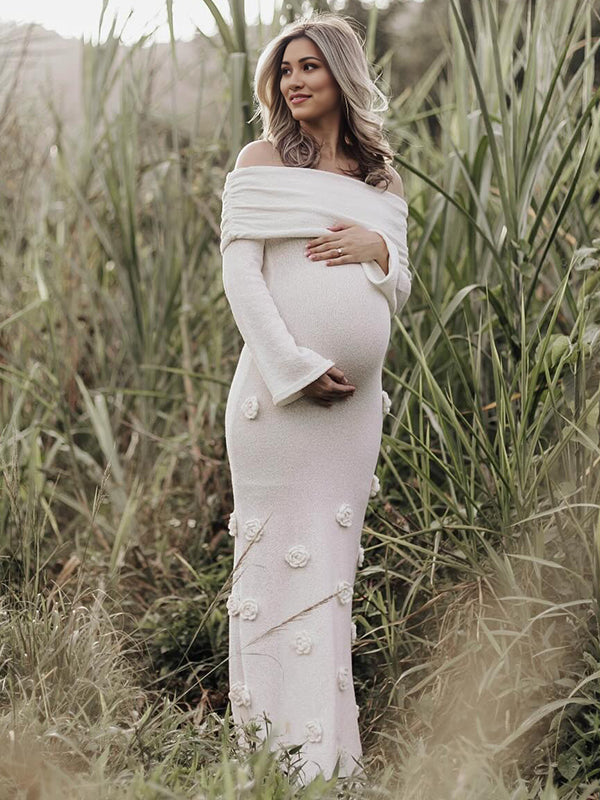 Mumsmode Zwangerchaps Maxi Fotoshoot Jurken Appliques Boot Nek Flare Mouw Wit
