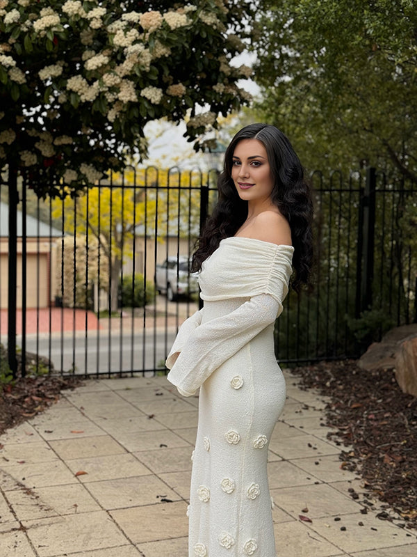 Mumsmode Elegant Ceremonie 3D Bloemen Off Shoulder Zeemeermin Bodycon Maxi Jurk