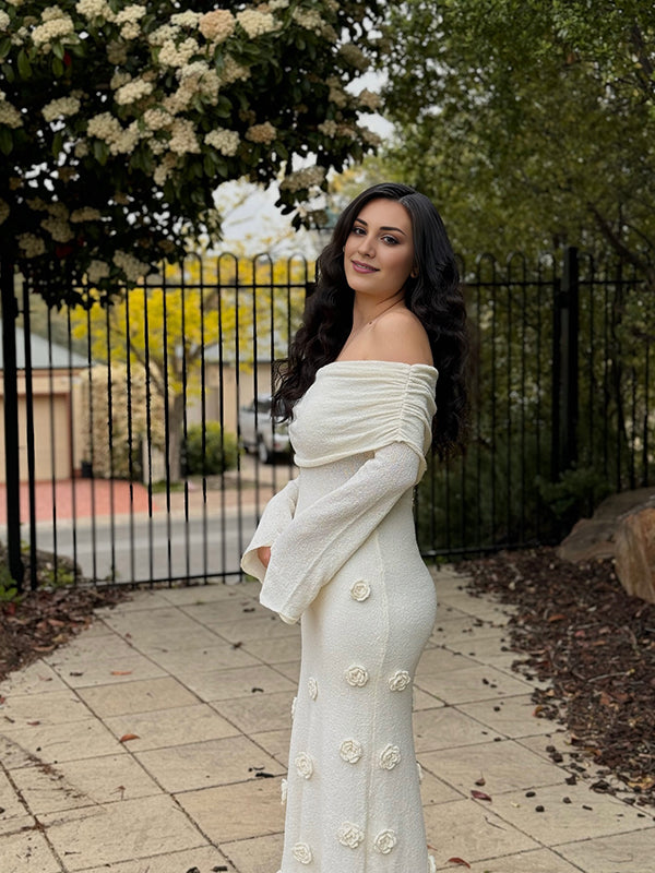 Mumsmode Elegant Ceremonie 3D Bloemen Off Shoulder Zeemeermin Bodycon Maxi Jurk