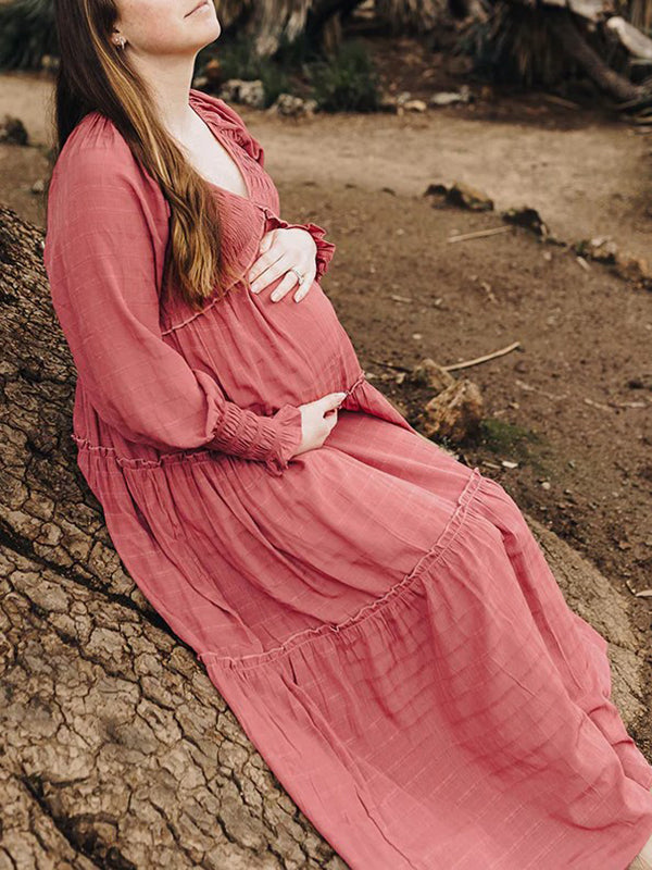 Mumsmode Zwangerchap Fotoshoot Jurken Elegant Boheems Ruches Gedrapeerd Gekreukt Grote Rok Maxi Jurken