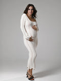 Mumsmode Zwangerchaps Maxi Fotoshoot Jurken Rugloos Golvende Rand V-hals Wit