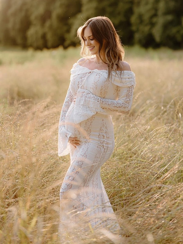 Mumsmode Zwangerchaps Maxi Kantenjurk Off Shoulder Strikdetail Wit