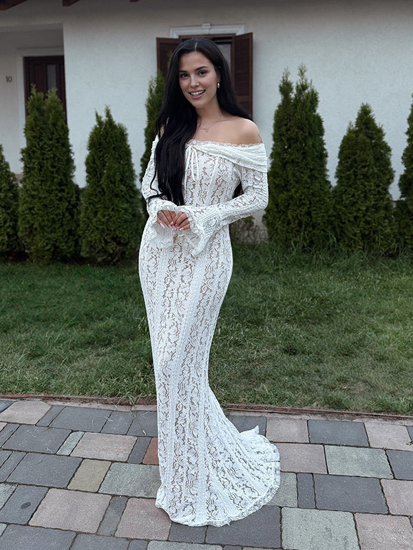 Mumsmode Chique Elegant Ceremonie Bruiloft Kanten Off Shoulder Zeemeermin Bodycon Flare Mouw Maxi Jurk