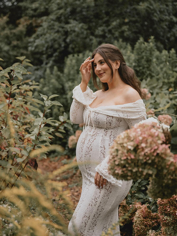 Mumsmode Witte Off Shoulder Kanten Bandeau Jurk Strikdetail Voorkant Zeemeermin Bandage Maxi Zwangerschapsjurk Fotoshoot Uitgaan
