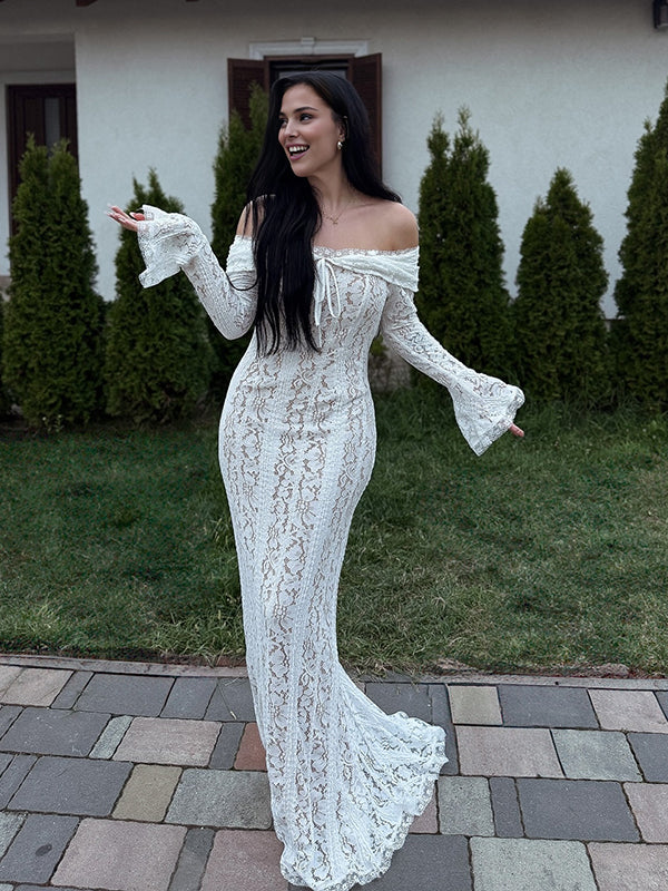 Mumsmode Chique Elegant Ceremonie Bruiloft Kanten Off Shoulder Zeemeermin Bodycon Flare Mouw Maxi Jurk
