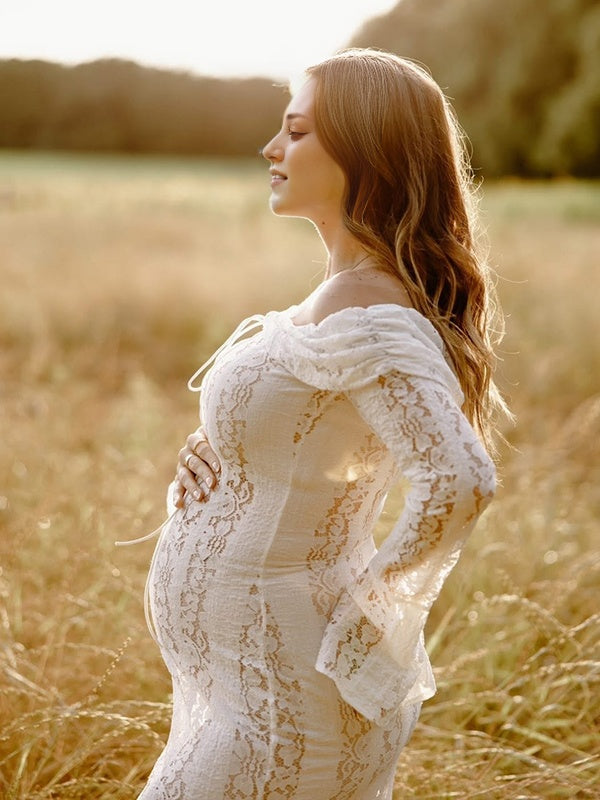 Mumsmode Zwangerchaps Maxi Kantenjurk Off Shoulder Strikdetail Wit