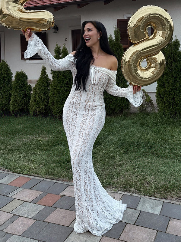 Mumsmode Chique Elegant Ceremonie Bruiloft Kanten Off Shoulder Zeemeermin Bodycon Flare Mouw Maxi Jurk