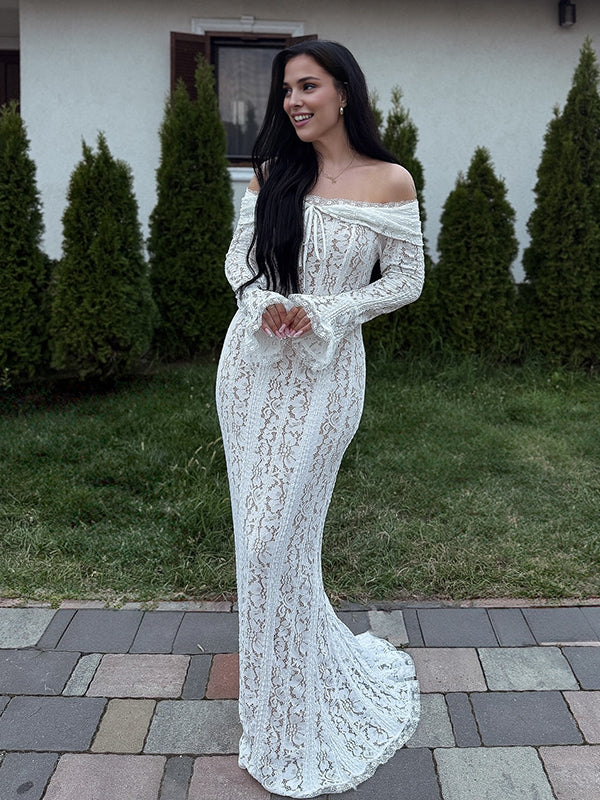 Mumsmode Chique Elegant Ceremonie Bruiloft Kanten Off Shoulder Zeemeermin Bodycon Flare Mouw Maxi Jurk