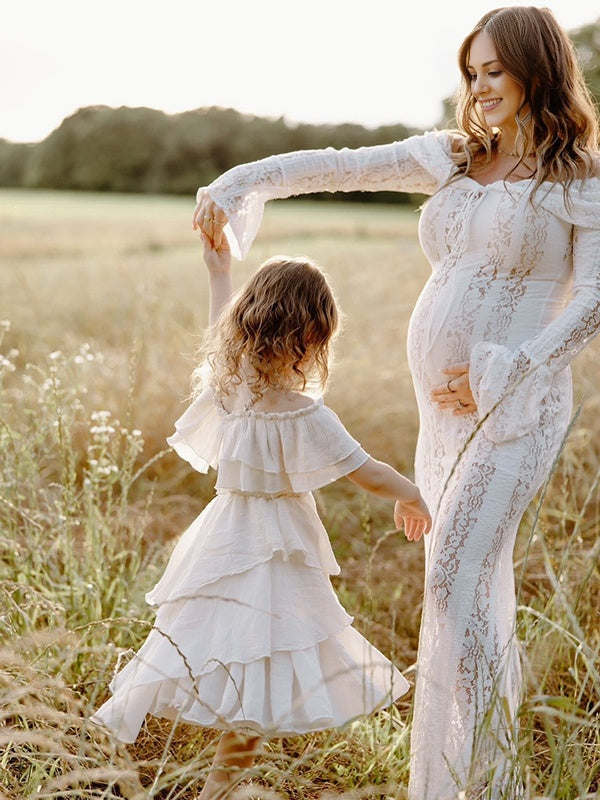 Mumsmode Zwangerchaps Maxi Kantenjurk Off Shoulder Strikdetail Wit