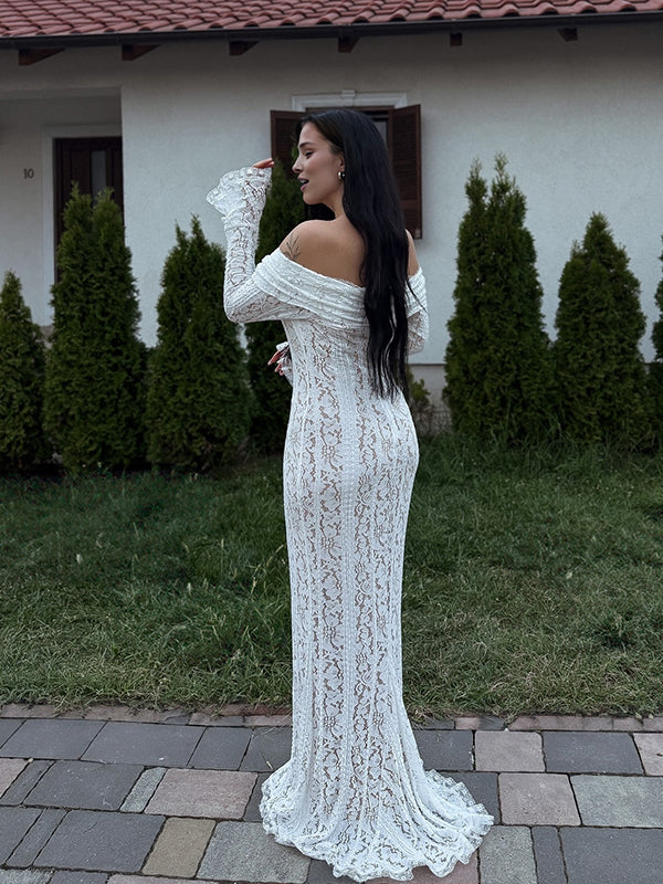 Mumsmode Chique Elegant Ceremonie Bruiloft Kanten Off Shoulder Zeemeermin Bodycon Flare Mouw Maxi Jurk
