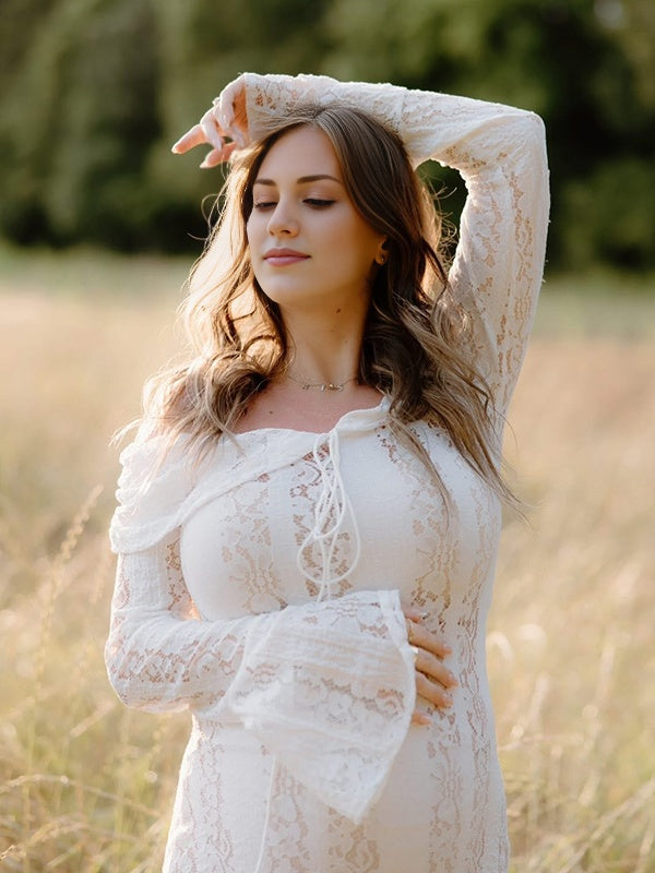 Mumsmode Zwangerchaps Maxi Kantenjurk Off Shoulder Strikdetail Wit