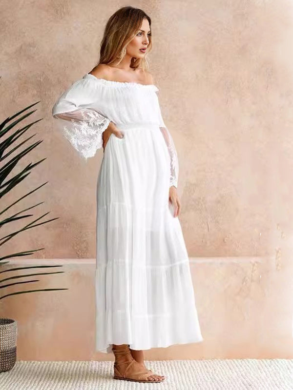 Mumsmode Zwangerchaps Maxi Fotoshoot Jurken Kanten Boot Nek Wit