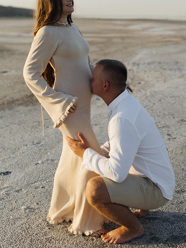 Mumsmode Zwangerschaps Maxi Strand Fotoshoot Jurk Rugloos Gebonden Rug Ruches Beige