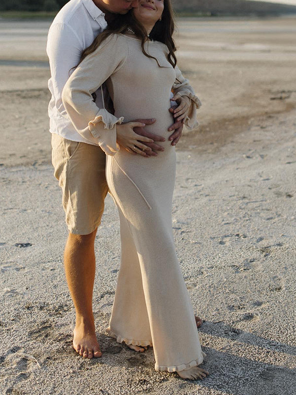 Mumsmode Zwangerschaps Maxi Strand Fotoshoot Jurk Rugloos Gebonden Rug Ruches Beige