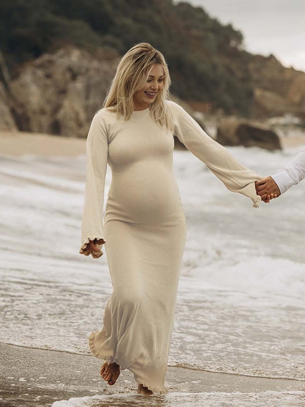 Mumsmode Zwangerschaps Maxi Strand Fotoshoot Jurk Rugloos Gebonden Rug Ruches