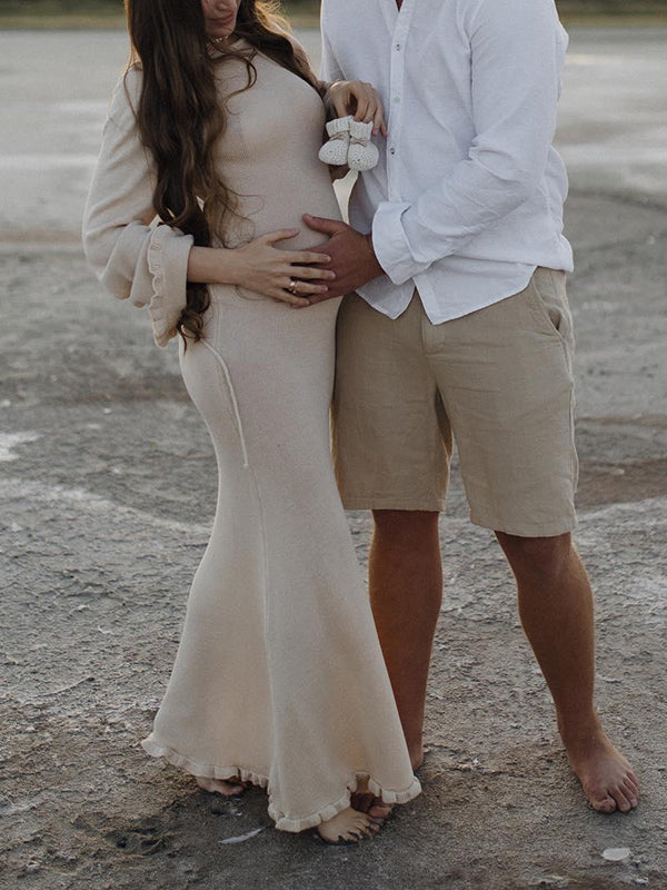 Mumsmode Zwangerschaps Maxi Strand Fotoshoot Jurk Rugloos Gebonden Rug Ruches Beige