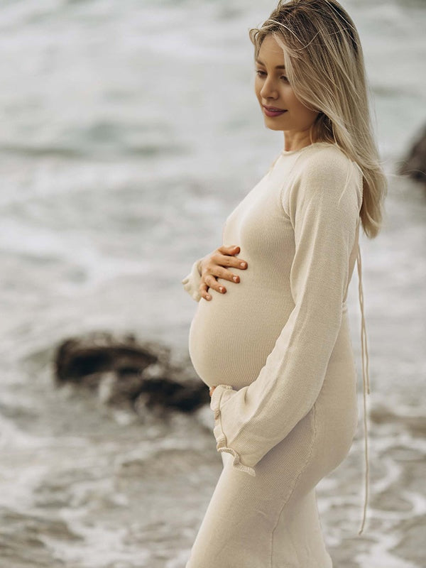 Mumsmode Zwangerschaps Maxi Strand Fotoshoot Jurk Rugloos Gebonden Rug Ruches