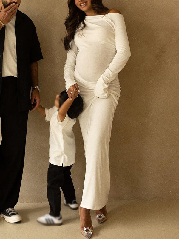 Mumsmode Zwangerchaps Maxi Fotoshoot Jurken Een Open Schouder Lange Mouw Wit