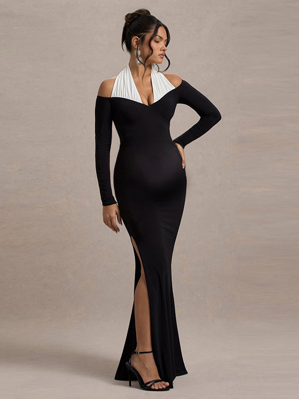 Mumsmode Zwangerchap Speciale Gelegenheden Jurken Elegant Kleurblok Patchwork Zijsplit Bodycon Maxi Jurken