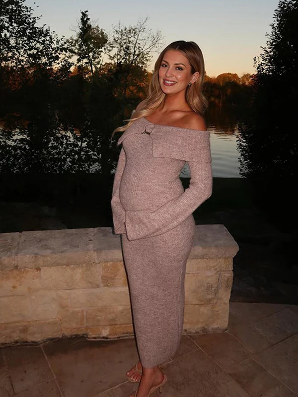 Mumsmode Zwangerschaps Bodycon Jurken Elegant Ceremonie Knit Bezet Off Shoulder Maxi Jurken