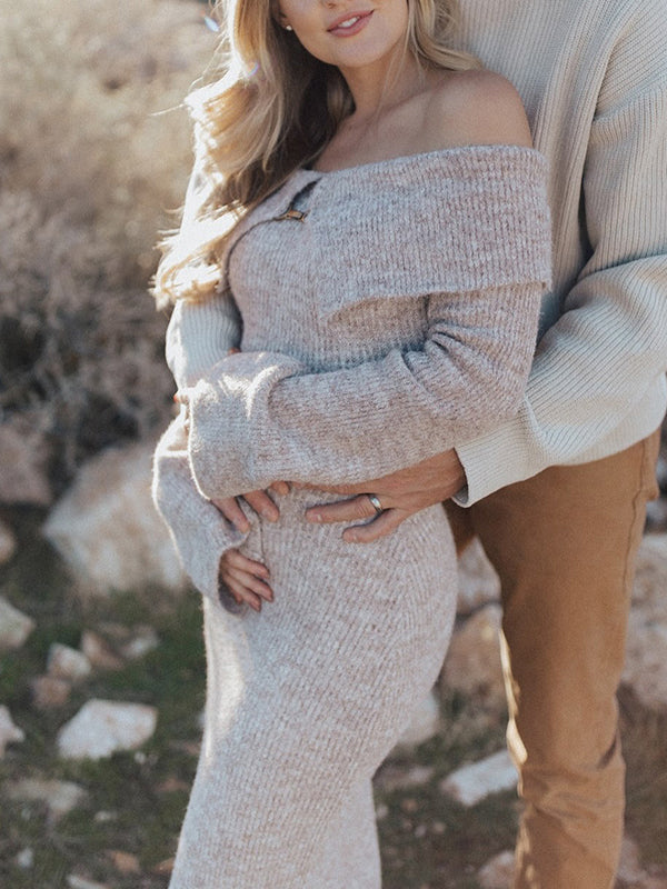 Mumsmode Zwangerschaps Maxi Fotoshoot Jurk Truien Elegant Chique Bezet Off Shoulder Bodycon