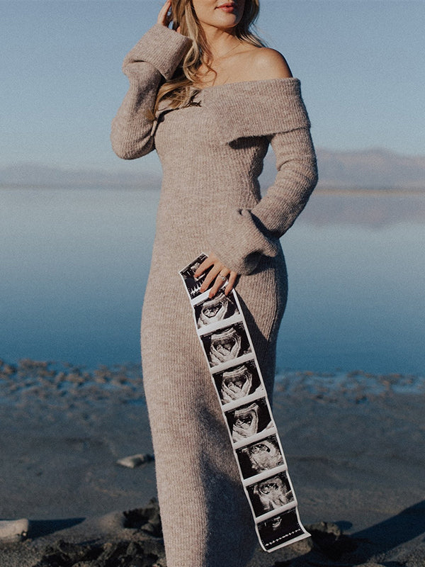 Mumsmode Zwangerschaps Maxi Fotoshoot Jurk Truien Elegant Chique Bezet Off Shoulder Bodycon