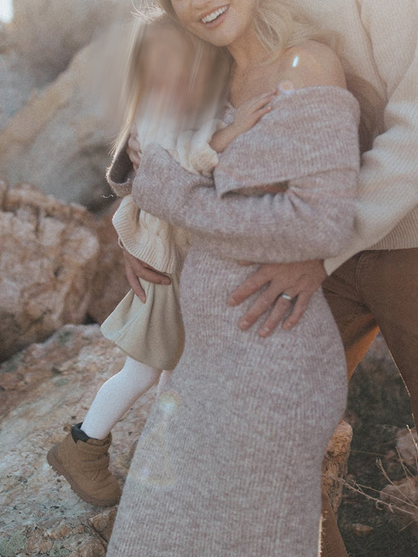 Mumsmode Zwangerschaps Maxi Fotoshoot Jurk Truien Elegant Chique Bezet Off Shoulder Bodycon