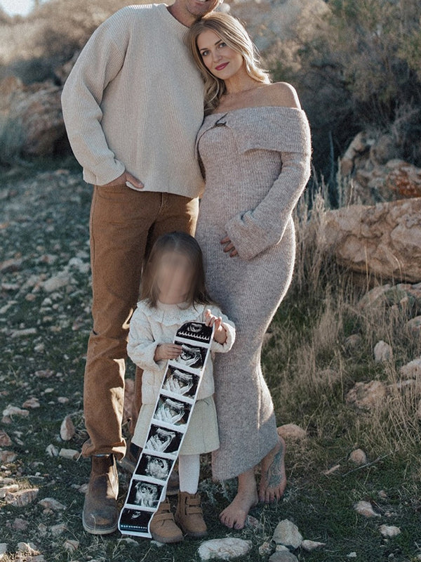 Mumsmode Zwangerschaps Maxi Fotoshoot Jurk Truien Elegant Chique Bezet Off Shoulder Bodycon