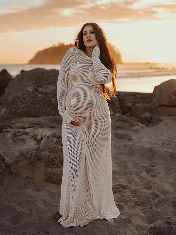 Mumsmode Zwangerchaps Maxi Fotoshoot Jurken Gebonden rug Breien Abrikoos