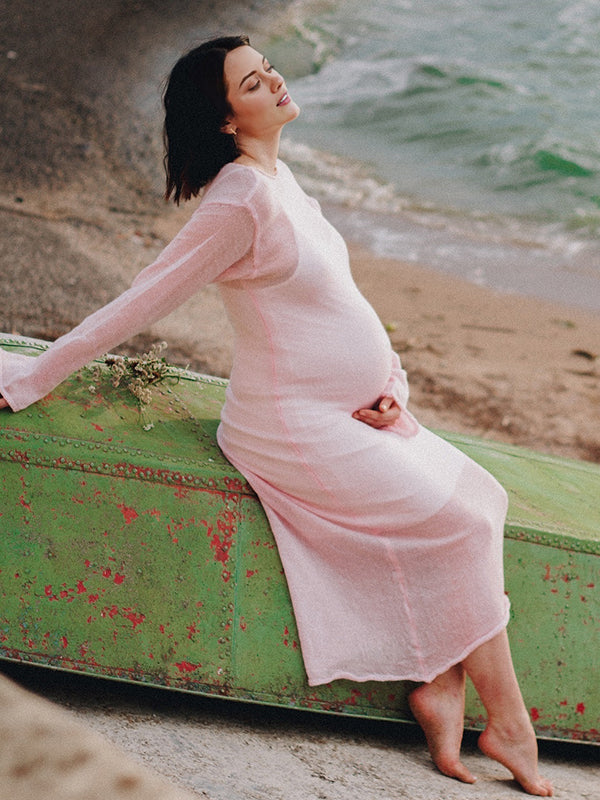 Mumsmode Zwangerchaps Maxi Fotoshoot Jurken Breien 2-in-1 Ronde Hals Roze