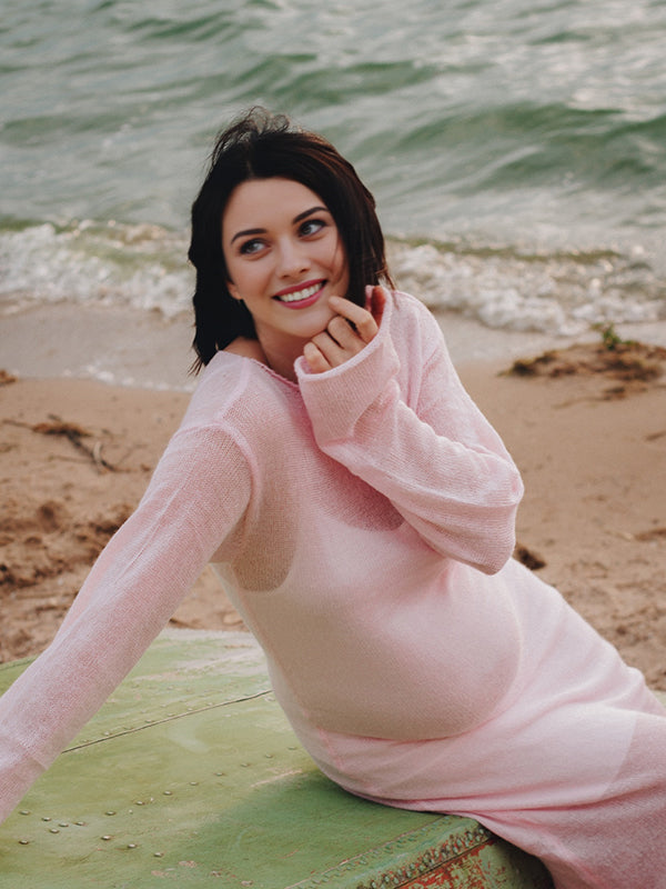 Mumsmode Zwangerchaps Maxi Fotoshoot Jurken Breien 2-in-1 Ronde Hals Roze