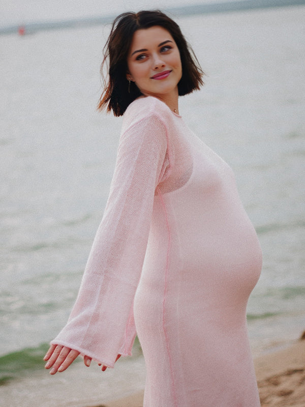 Mumsmode Zwangerchaps Maxi Fotoshoot Jurken Breien 2-in-1 Ronde Hals Roze