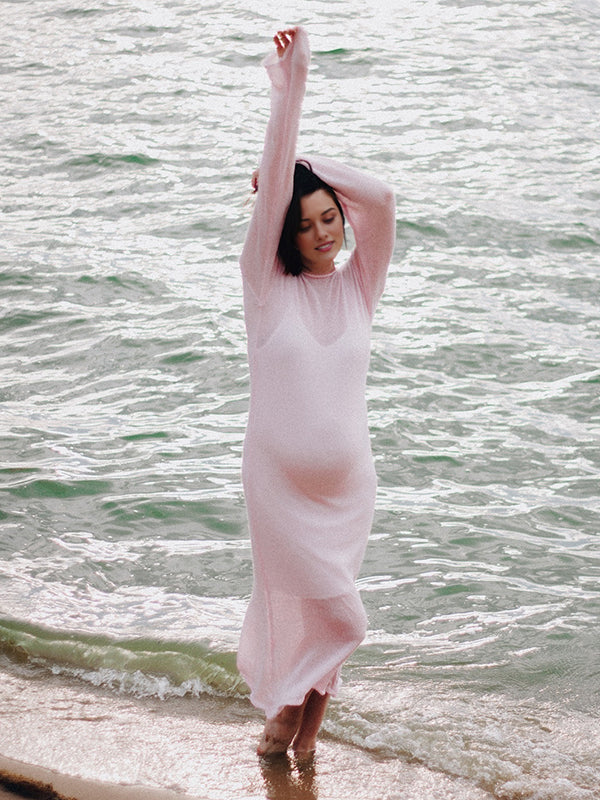 Mumsmode Zwangerchaps Maxi Fotoshoot Jurken Breien 2-in-1 Ronde Hals Roze