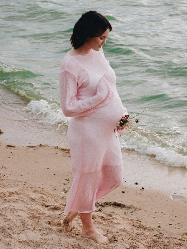 Mumsmode Zwangerchaps Maxi Fotoshoot Jurken Breien 2-in-1 Ronde Hals Roze