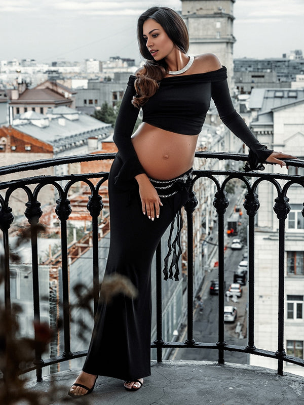 Mumsmode Zwangerchaps Maxi Fotoshoot Jurken Bandeau Appliques 2-in-1 Zwart