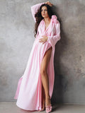 Mumsmode Zwangerchaps Maxi Fotoshoot Jurken Appliques Zijsplit Halternek Flare Mouw Roze