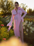 Mumsmode Zwangerchaps Maxi Fotoshoot Jurken Appliques Zijsplit Halternek Flare Mouw Roze