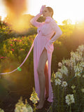 Mumsmode Zwangerchaps Maxi Fotoshoot Jurken Appliques Zijsplit Halternek Flare Mouw Roze