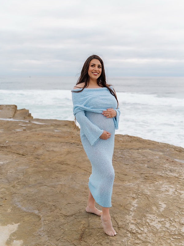 Mumsmode Zwangerschaps Fotoshoot Jurken Elegant Boheems Knit Off Shoulder Harig Maxi Jurken