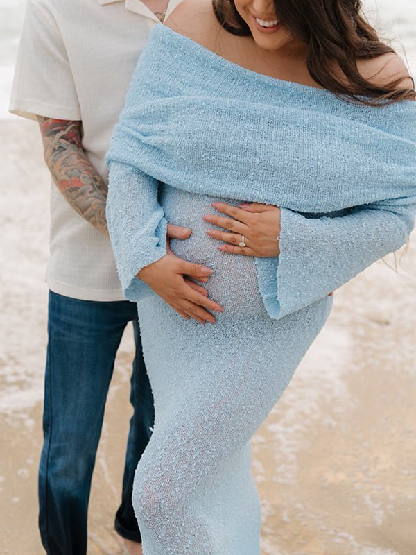 Mumsmode Zwangerschaps Fotoshoot Jurken Elegant Boheems Knit Off Shoulder Harig Maxi Jurken